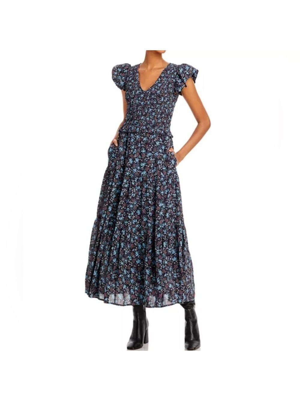 Sea New York Tilly Midi Dress Smocked Seersucker Blue Floral SZ 8